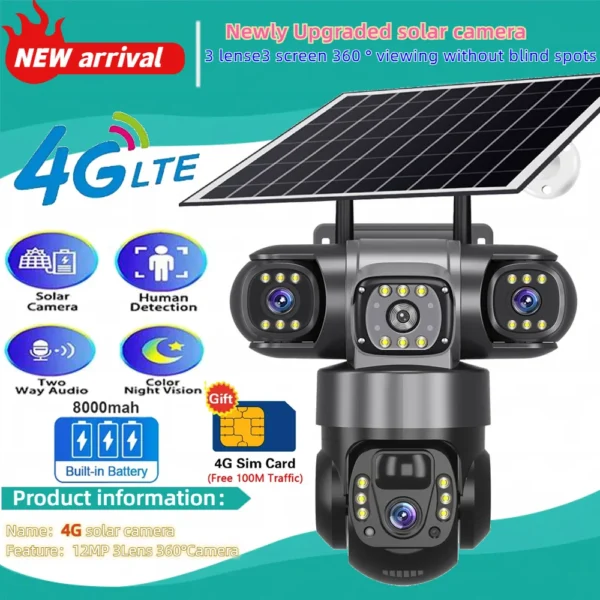 Solar Camera 4G Sim Outdoor 3 Lens 3 Screen 10X Zoom