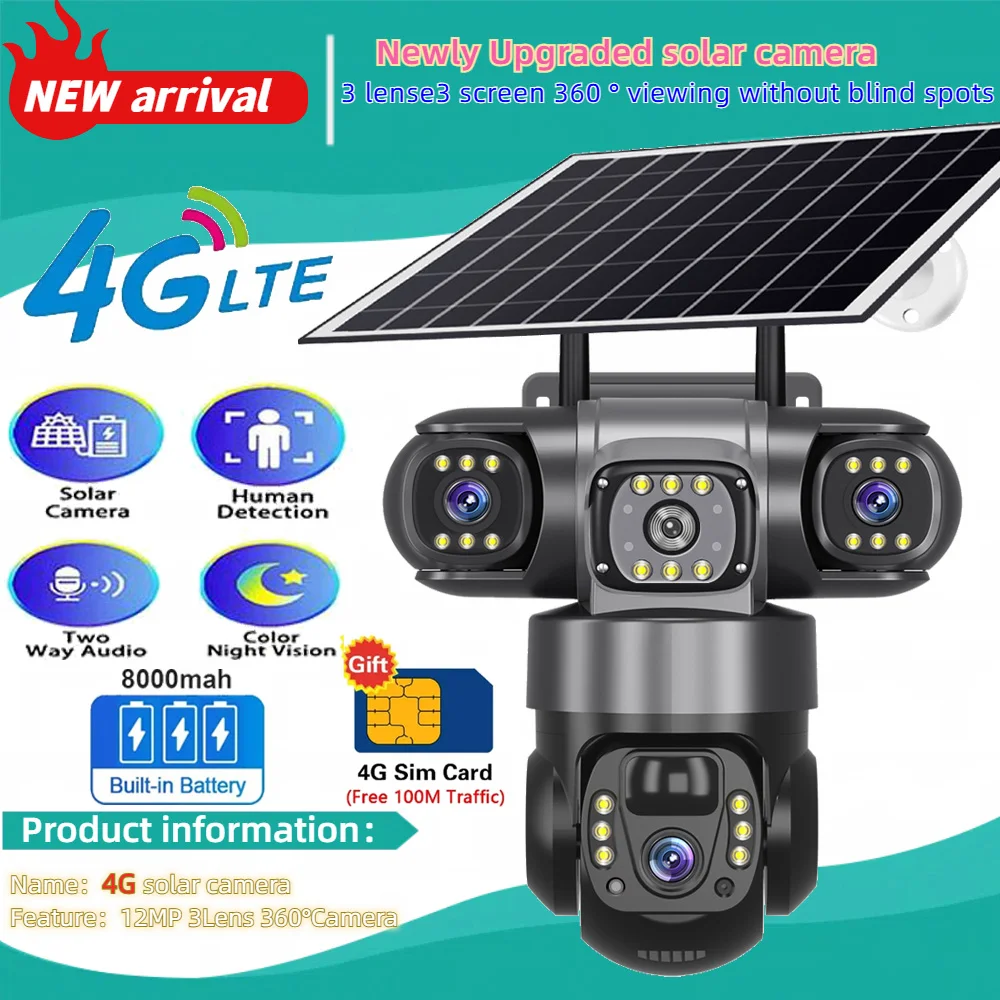 Solar Camera 4G Sim Outdoor 3 Lens 3 Screen 10X Zoom